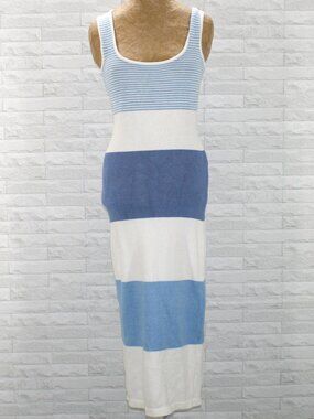 LULUS EASILY GORGEOUS Dress Knit Striped Summer Midi Sweater Ivory Blue Small